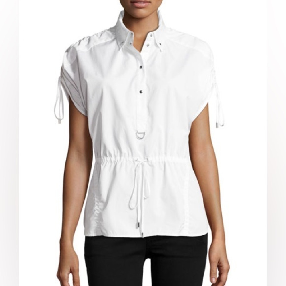 Jason Wu Gray Top Short Sleeves Drawstring Half Button Cotton White Size 4